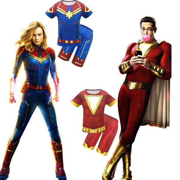 New Avengers Alliance 4 Captain Marvel Boys Shazam Costume Kids Superman Cosplay Superhero Party Cosplay t-shirt+short pant summer set C33