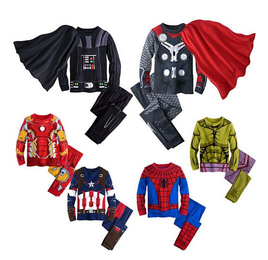 Children's Cotton Cartoon Captain America Iron Man spider-man Pajamas Baby Boys Sleepwear Kids Super Heros+Cloak clothes set