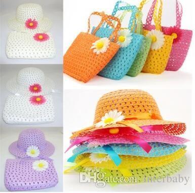 Kids Straw Hats Handbag Suit Kids Flower Sun Caps Totes Baby Sunflower Sunhat Beach Bags Child Summer Casual Straw Tote Beach Hats HN08