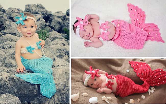 Free Shipping 3pcs Infant Girl Newborn Baby Girl Knit Crochet Mermaid Headband+Top+Tail Pearl Photo Prop Outfit Costume Cartoon