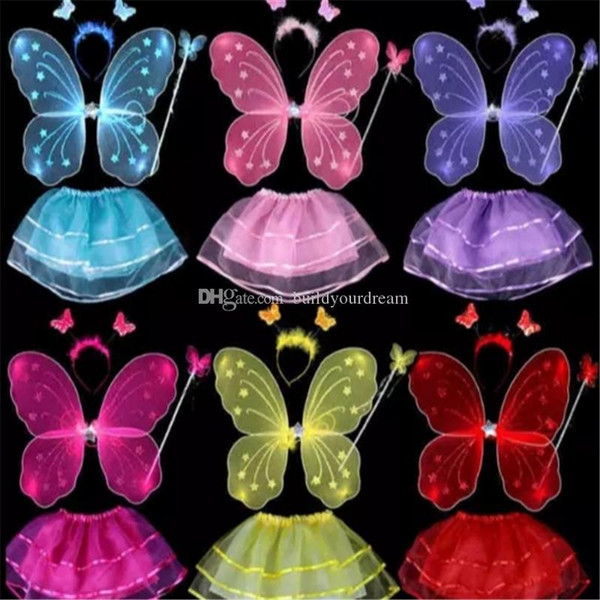 4Pcs Fairy Princess Kids Costume Set Butterfly Wings Wand Headband Tutu Skirt Children Stage Wear Girls Party Halloween Costumes aa207-214