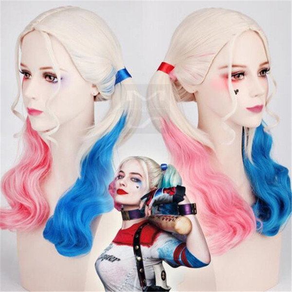 Suicide Squad Harley Quinn Wig Female Clown Cosplay Halloween Anime Fashion Movie Curly Gradient Wigs Curly Heat Resistant Synthetic Hair