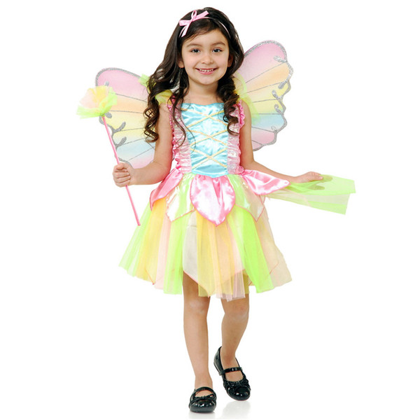 Baby Girls Rainbow cosplay Dress with wing Christmas Halloween Cosplay Costume Summer Dresses Princess stage show for Birthday Party HC46