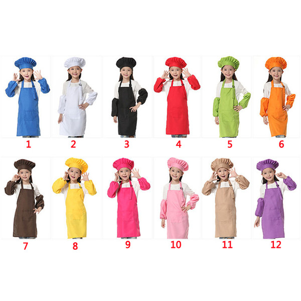 12 Colors Adorable Children Kitchen Waists Kids Aprons with Sleeve & Chef Hats for Painting Cooking Baking 3pcs/set