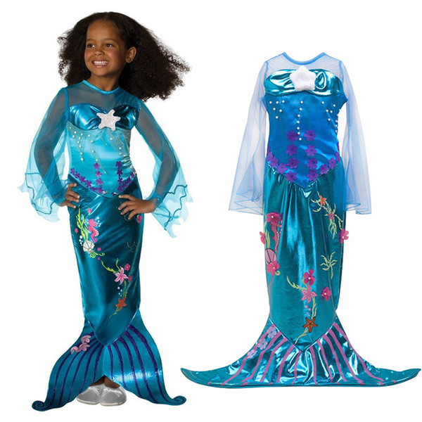 Girls Ariel Cosplay Costume Children The Little Mermaid Dress Transparent Long Sleeve Kids Halloween Party Fancy Sequined Gown