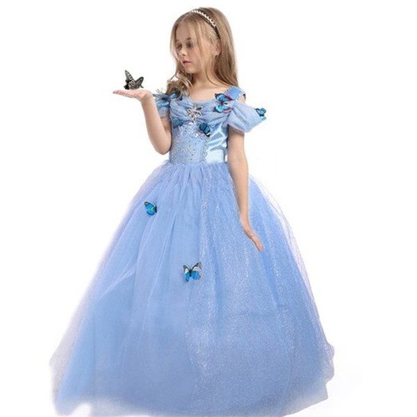 Princess Party Costume Dress Kids Children Girls Maxi Dress Blue Butterfly Girl Dresses Holloween Christmas Cosplay