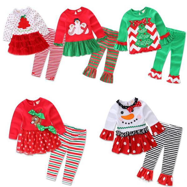 long sleeve baby girls Xmas Outfits Children Christmas 2pcs sets clothes white sanda reindeer tree dress striped ruffle pants SEN296