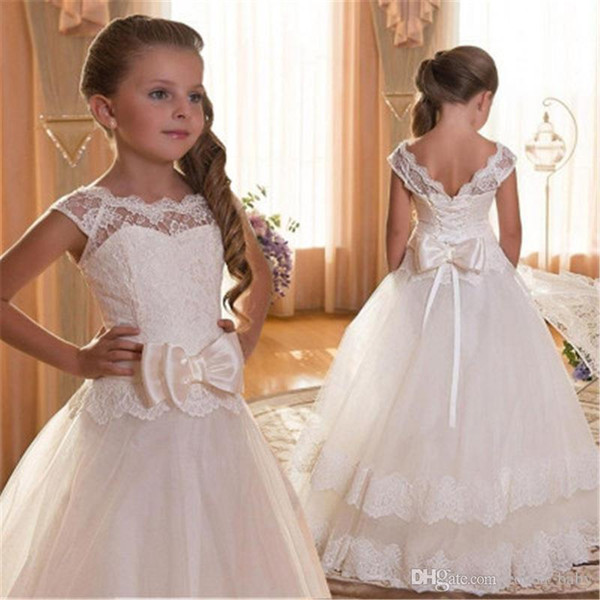 2018 Blush Pink With Ivory Lace A line Flower Girls Dress Cheap Long Bowknot Ribbon Keyhole Back Lace up Tulle First Communion Dress