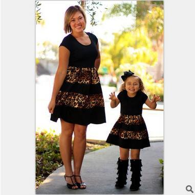 Hot Family Matching Outfits Dress For Mother And Daughter Short Sleeve Leopard Patchwork Dresses Parents-child Campaign Clothing
