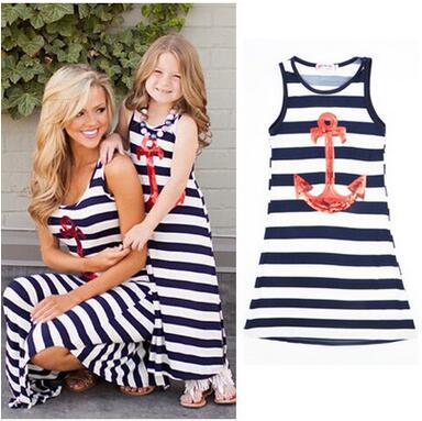 Hot Selling Mother and Daughter Dress Anchor Stripe Sleeveless Bohemian Dress Family Matching Outfits Dress For Mommy and Girl