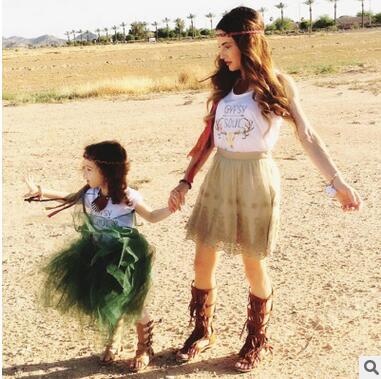 Family Matching Outfits Dress Mother and Daughter Deer Floral Printed Tassel Dress Summer Jumpsuits T-shirt Parent-child Outfits For Sale