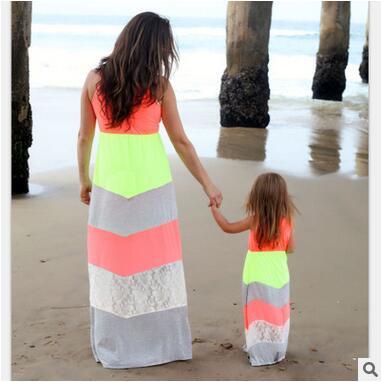 For Sale Family Matching Outfits Dress Mother and Daughter Multicolor Bohemian Beach Dress Stripe patchwork Sleeveless Dresses