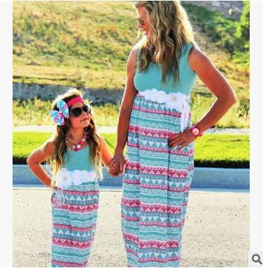 Hot Family Matching Outfits For Mother And Daughter Dress Bohemian Beach Dress Summer Patchwork Sleeveless Ankle-length Dresses