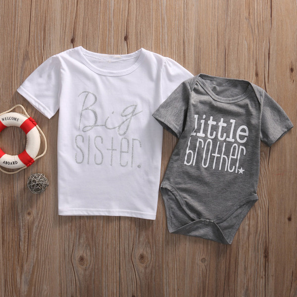 Big Sister and Brother Family Matching Outfits Infant Baby Little Brother Boy Romper Big Sister T-shirt Cotton Clothes Outfits