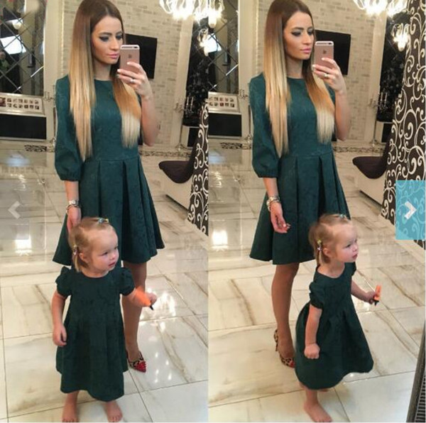 European Style Mom And Me Deep Green Dress Mother Daughter Dresses Family Lace Prom Princess Matching Mother Daughter Clothes