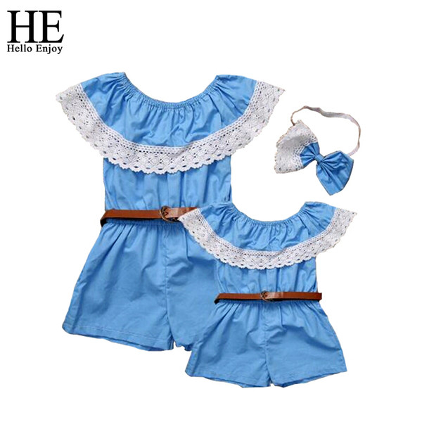 HE Hello Enjoy mother and daughter dress 2017 summer shoulderless clothes skirt pants + children headband family matching outfit