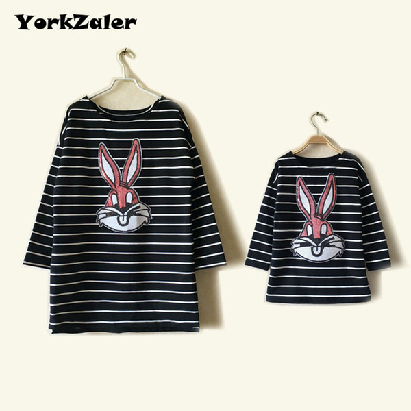 YorkZaler Clearance Matching Mother Daughter Clothes Cotton Striped Rabbit Sequins Long Style T-shirt Family Matching Outfits