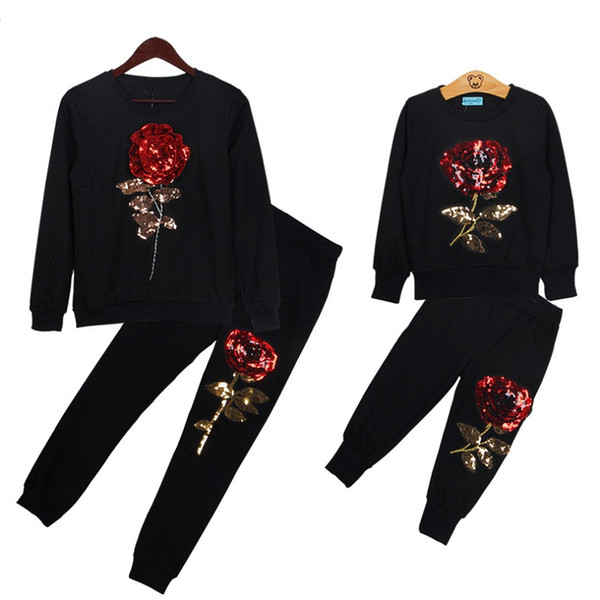 Mama Mum Mother and Daughter Clothes Coat Hoodie Girls Family Matching Mother Son Outfits Rose Floral Sweatshirt+Pants 2Pcs Suit