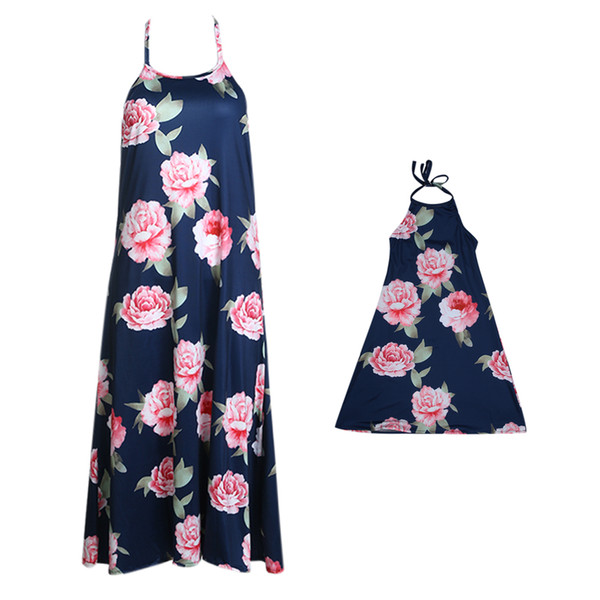 Fashion Mum Daughter Summer Family Matching Dress Outfits Big Flower Printed Sleeveless Halter Backless Long Dress Navy Blue