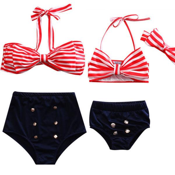 Family Matching Outfits 2pcs Sexy Women
8000
 Striped Bikini Monokini Swimsuit Girls Swimwear Beach Bowknot