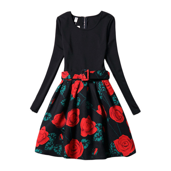 Mother Daughter Dress Black Rose Fashion 2016 Family Matching Outfits Clothing Slim Fit Dresses Long Sleeve 6-12 Years GD100A