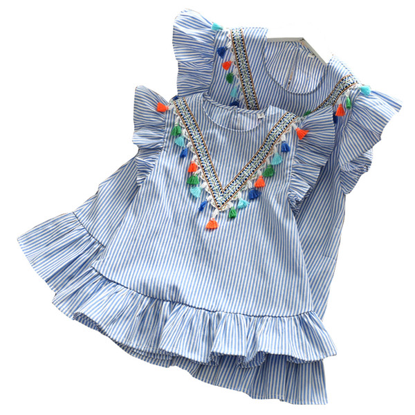 2017 Summer Family Dress Short Sleeve Blue Color Striped Family Matching Outfits Mother Daughter Clothes Cotton Ruffles Dresses