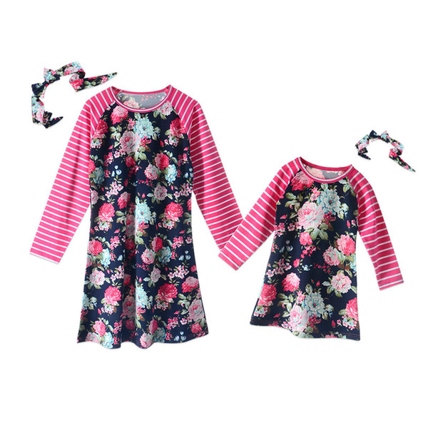 Fashion mom and kids stripe floral family matching outfits Baby Girls clothes dress mother daughter Children dress