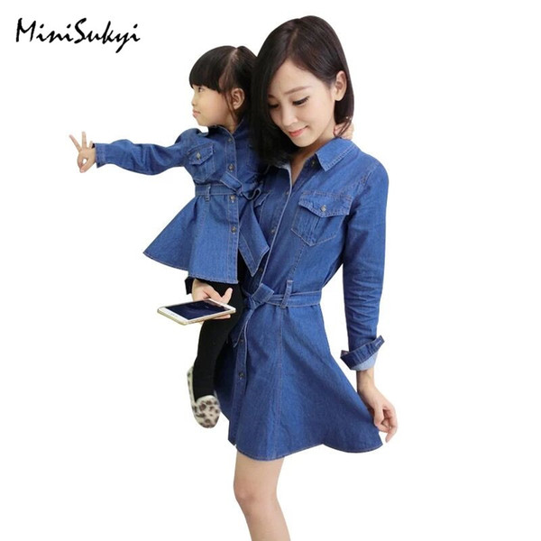 Family Matching Outfits Mother Daughter Dresses Clothes Long Sleeve Denim Dress Matching Dress Family Look Dress Clothing