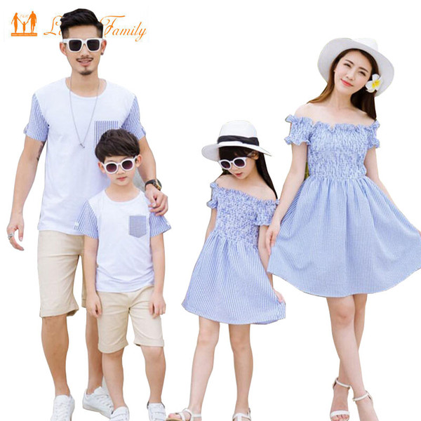 Family Matching Outfits 2018 Summer Style Matching Family Clothing Striped Mother Daughter Dress Father Son T-shirt Family Look