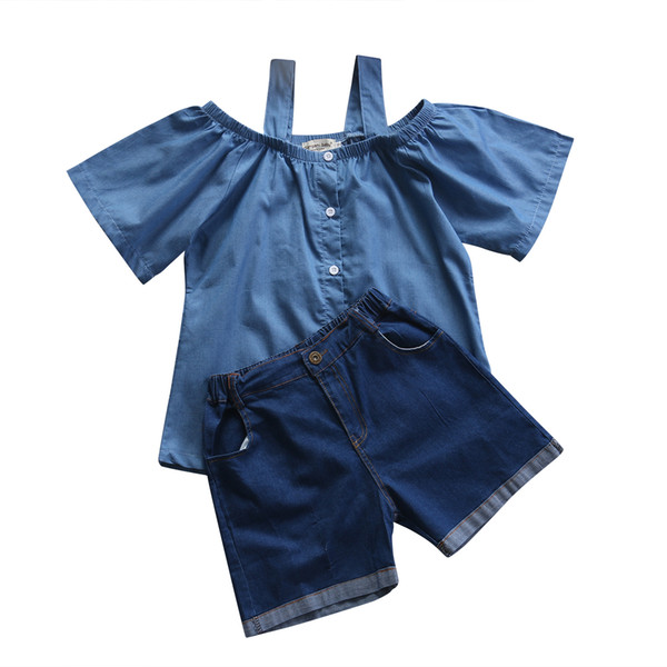 Family Matching Outfits Women Baby Girls Kids Outfits Off Shoulder Tops Denim Pants 2pcs Clothing Set