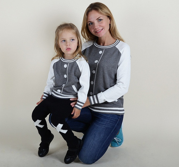 Family Matching Outfits Autumn Winter Mother Daughter Sweaters Family Look Baseball Sweater Matching Mother Daughter Clothes