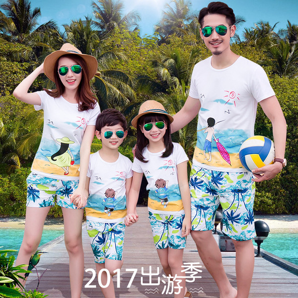 Family Matching Outfits Fashion Summer Beach Clothes Dad Mom Kids Cotton Short Sleeves T shirt & Pants Sunny Coconut Tree SA1302