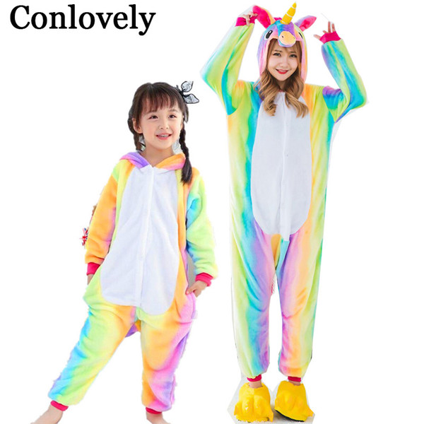 Boys Pajamas Kigurumi Family Costume Animal Rainbow Pegasus Flannel Stitch Unicorn Kids Pyjama Sleepwear Family Matching Outfits