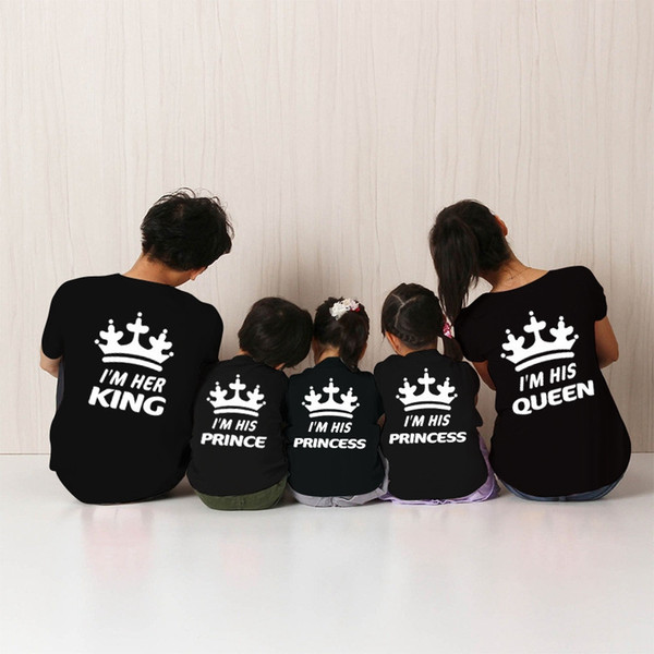 Family Matching Outfits Summer Short Sleeve O-neck King Queen Prince Princess Crown Print Black T-shirt Family Couple Clothing