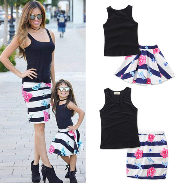 2PCS/Set Family Match Clothes Mother and Daughter Summer Sleeveless Vest Tops+Floral Skirt Outfits Matching Clothing