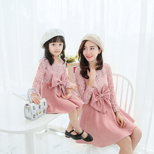 2017 New Family Matching Outfits Mother And Daughter Long-sleeve Dresses Suede Girl Lace Princess Dress