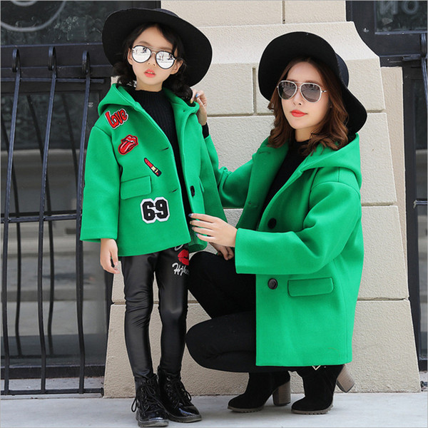 2017 Family Matching Outfits Mother And Girls Woolen Coat Family Look Family Matching Clothes Winter Jackets Green Yellow