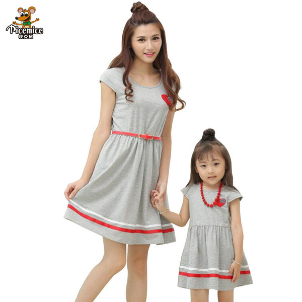 Family Matching Outfits Mother Daughter Dresses 2018 Summer Style Dress with Belt and Necklace Girls and Women Cotton Dresses