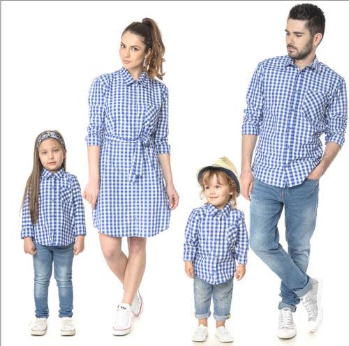 Hot Blue Plaid Couple T-Shirt Father Mother Son Daughter Matching Shirts Family Outfit tops