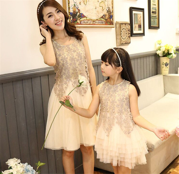 Family set clothes summer Lace short-sleeve Parent-child outfit lace dress Mother and daughter short sleeves princess dress