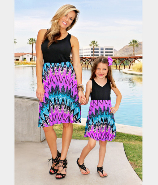 2017 BOHO mother and daughter summer sleeveless abstract printed knee-length dress kids parent child outfits