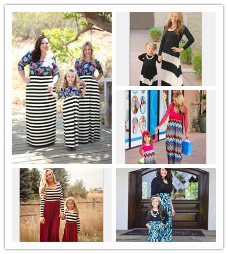 2016 family matching outfits mother and daughter spring long sleeve striped printed dress kids parent child outfits