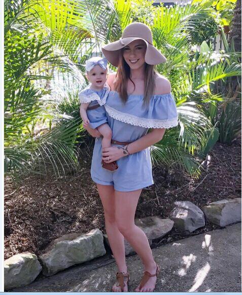 2019 summer new parent-child dress mother and daughter jumpsuit skirt blue lace word shoulder pants skirt + Hair band or belt