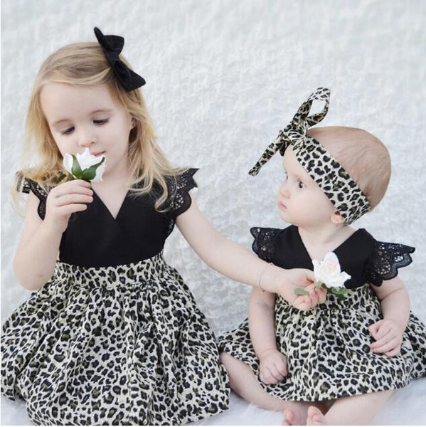 2019 summer children's leopard print dress fashion lace sleeve baby one-piece dress sisters parent-child dress