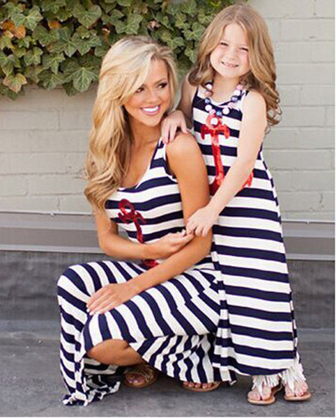 2015 summer style Navy striped mother daughter dresses Sequin Anchor sleeveless long dresses fashion Polyester family look clothes 201508HX