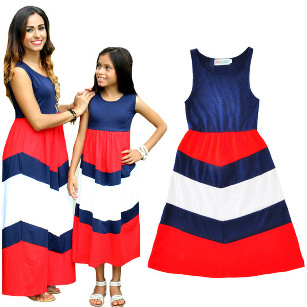 Mother Daughter Dresses Wave Striped Mom And Daughter Dress 2017 Summer Sleeveless Mommy And Me Clothes Look Family Matching Outfits