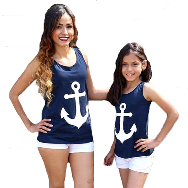 Mother Daughter Clothes T Shirt 2017 Summer Navy Anchor Matching Family Shirts Cute Bow Suspender Family Look Mother SonDaughter Outfits