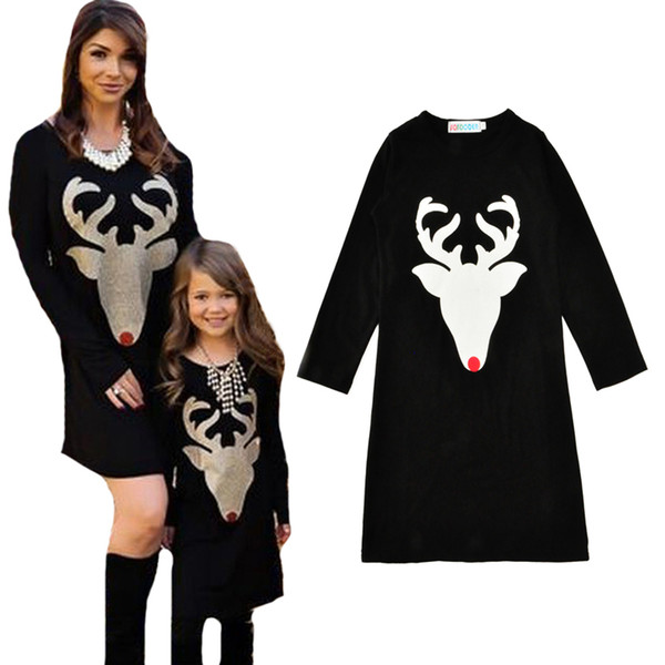 Mother Daughter Dresses 2017 Autumn Cartoon Deer Family Matching Clothes Outfits Fashion Antlers Long Sleeve Mom And Daughter Dress