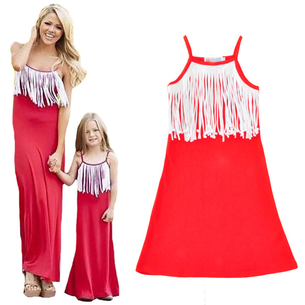 Mother Daughter Dresses 2017 Summer Fashion Tassel Mummy And Daughter Dress Clothes Red Suspender Mom Kids Matching Family Look Outfits