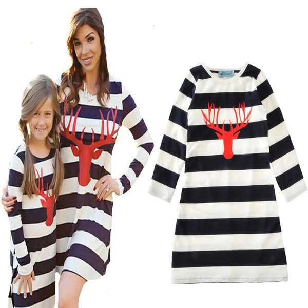 stripe mother daughter dresses clothes family look 2017 autumn chirstmas deer long sleeve mom daughter dress fashion family matching outfits